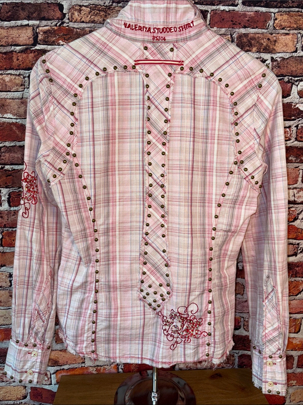 Johnny Was 3J Workshop Studded Pink Plaid Shirt Rhinestones 100% Cotton Small